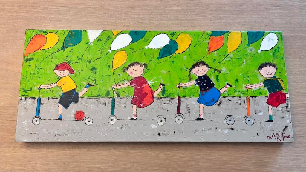 Vrolijk schilderij kinderkamer ‘Steppende kinderen’, Ophalen, Zo goed als nieuw, Wanddecoratie
