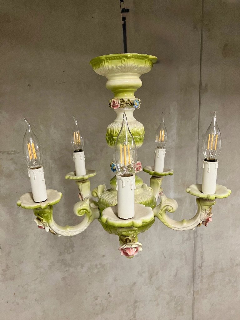 Porseleinen luster / Kroonluchter in Capodimonte stijl, Ophalen, Overige materialen, Gebruikt, E14 (klein)