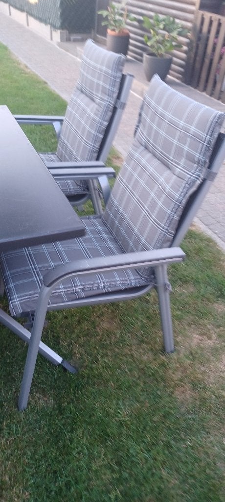 terrastafel en stoelen, Tuin en Terras, Ophalen, Gebruikt, Aluminium, Stapelbaar