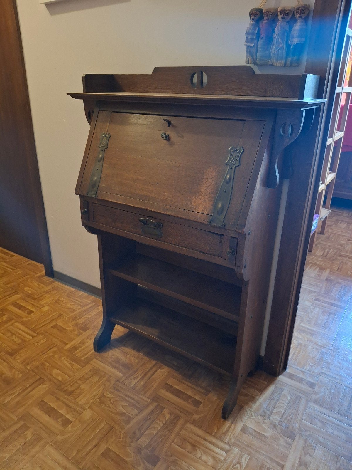 Massief eiken secretaire / klepbureau – vintage, Ophalen