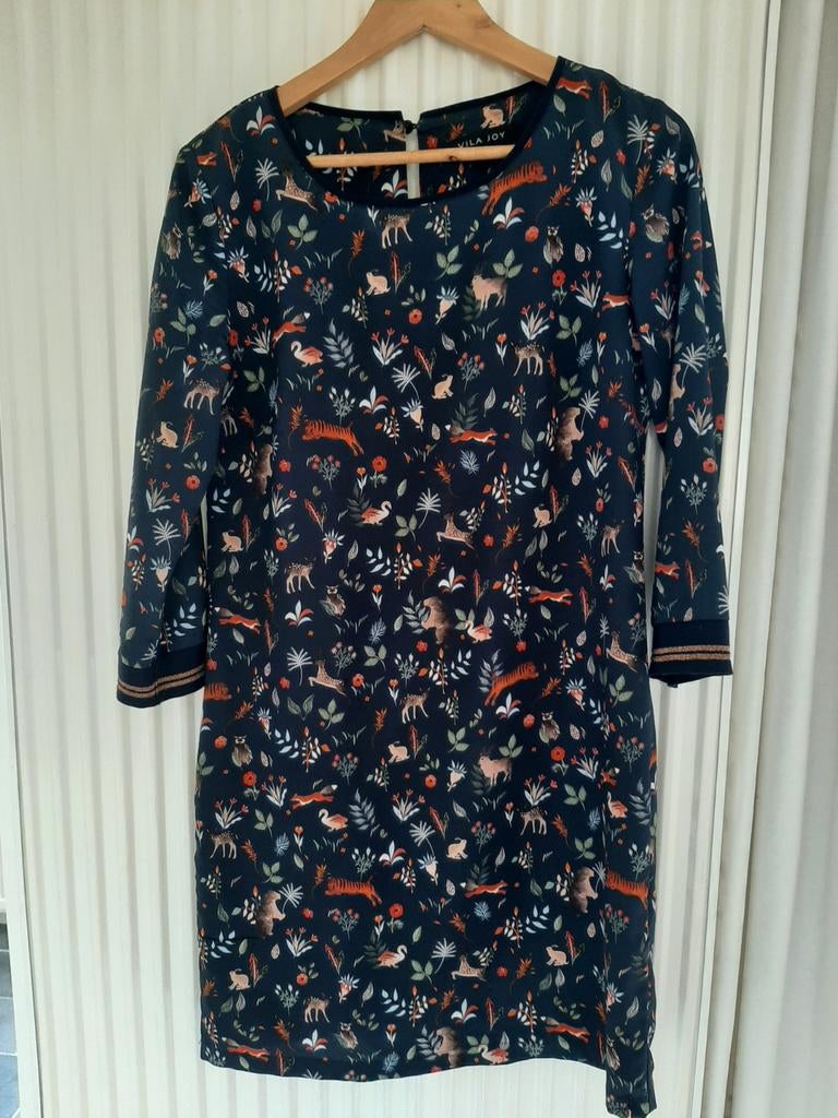 Dameskleding donkerblauw kleedje met bosdiertjes - small, Ophalen, Blauw, Vila Joy, Maat 36 (S)