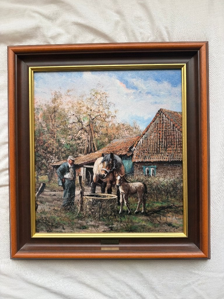 Peinture « ferme avec chevaux » de Leon Engelen, Enlèvement, Classique, Encadré, Animaux