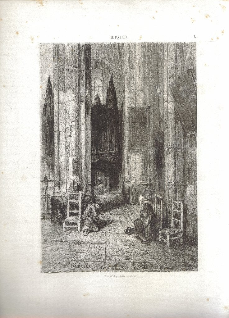 Adolphe Hervier litho "Kerkinterieur met Biddende Vrouw"1847, Origineel, Ophalen, Portret en Figuren, Lithografie