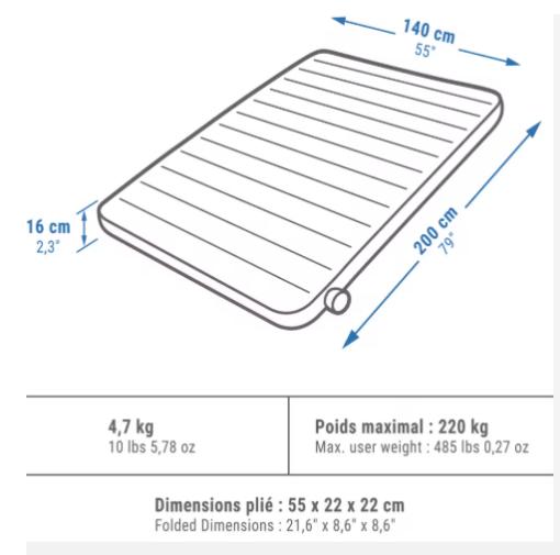 Luchtmatras Quechua, Caravanes & Camping, Matelas pneumatiques, Enlèvement, Comme neuf, 2 personnes