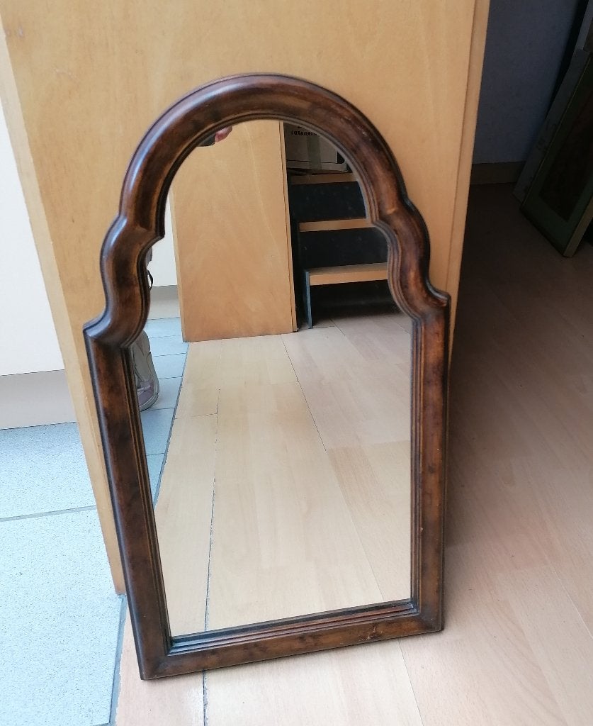 Vintage spiegel donker houten kader 59 cm hoog, Ophalen, Gebruikt, Minder dan 50 cm, Minder dan 100 cm