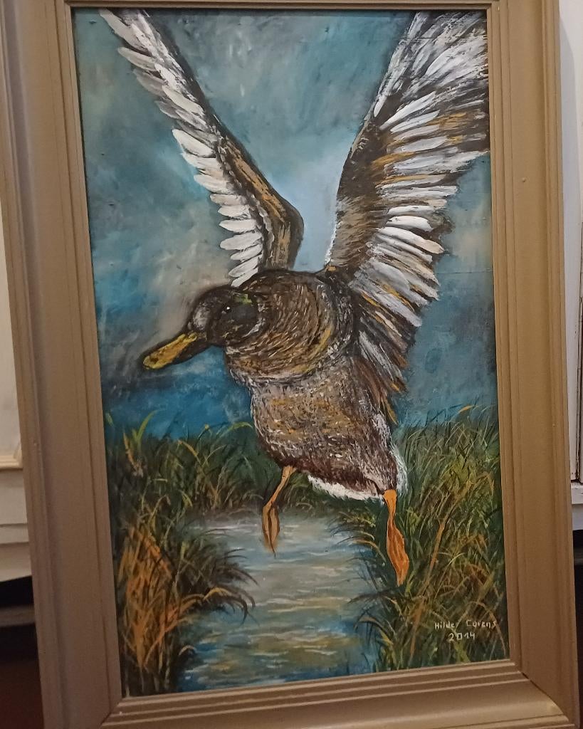 Schilderij  eend in olieverf, ingelijst., Antiek en Kunst, Ophalen