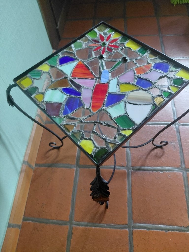 Unieke vintage mozaïek bijzettafel - sidetable met vlinder, Ophalen of Verzenden