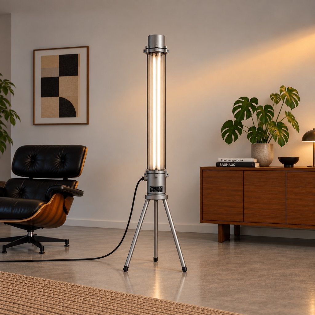 Industriële vloerlamp, staande lamp, Maison & Meubles, Verre, Utilisé, Vintage, industrieel, G13 (Fluorescent)