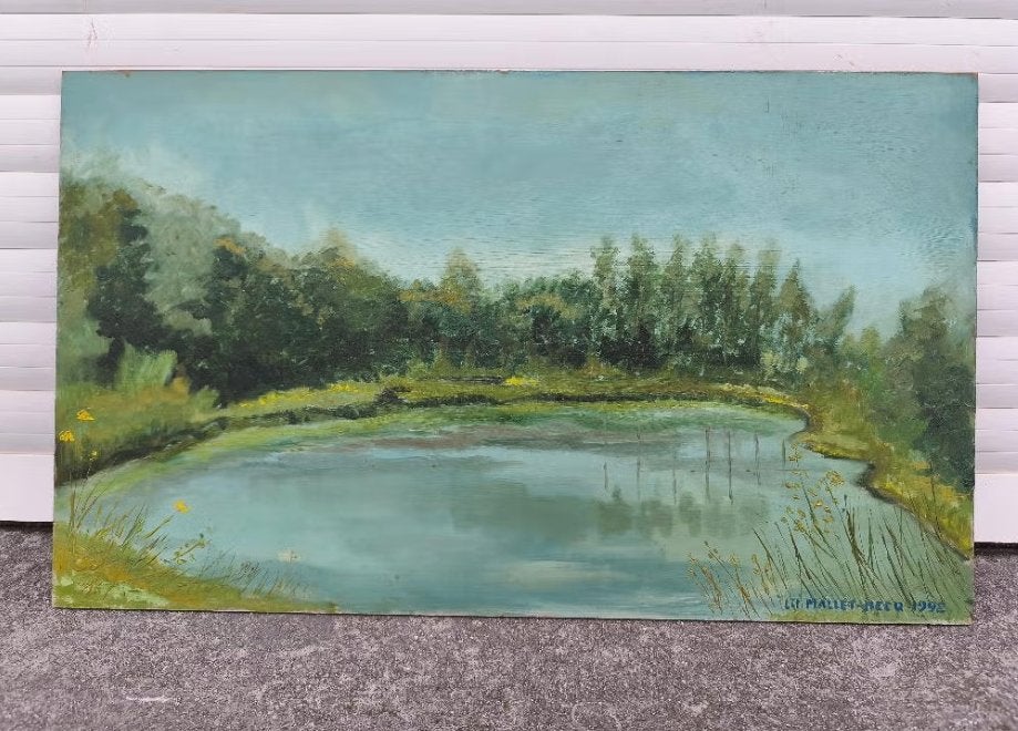 Huile sur panneau lac signe lil mallet hecq 1992, Enlèvement ou Envoi, Panneau