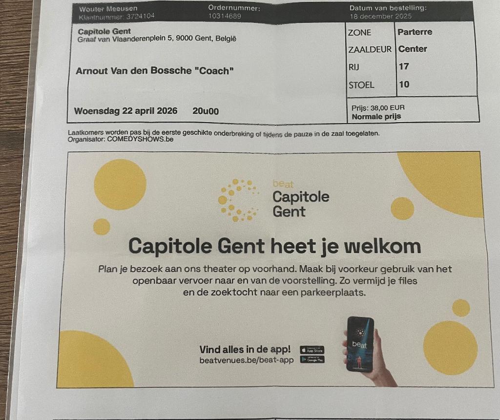 22/04 20:00 2 tickets arnaut van den bossche, Tickets & Billets, Deux personnes, Avril