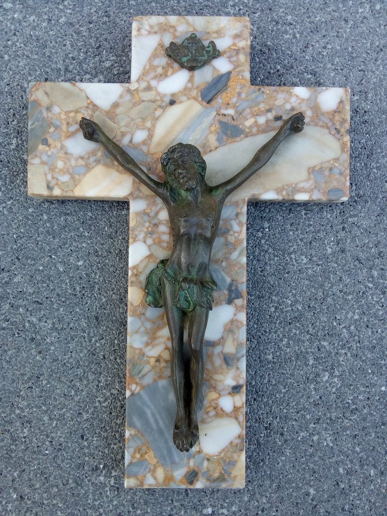 Kruis Jezus op granietsteen, met bronzen corpus., Verzamelen, Religie, Ophalen of Verzenden, Gebruikt, Christendom | Katholiek