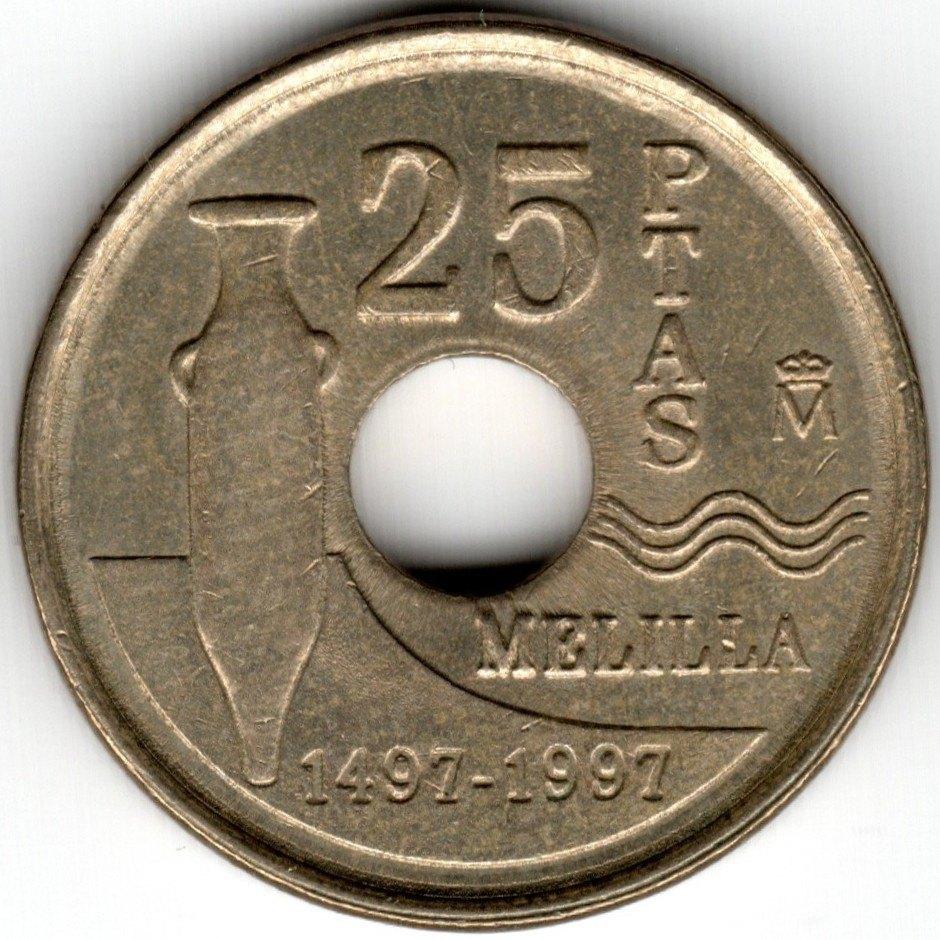 Spanje : 25 Pesetas 1997 Melilla Autonome Gemeenschappen Spa, Ophalen of Verzenden, België, Losse munt