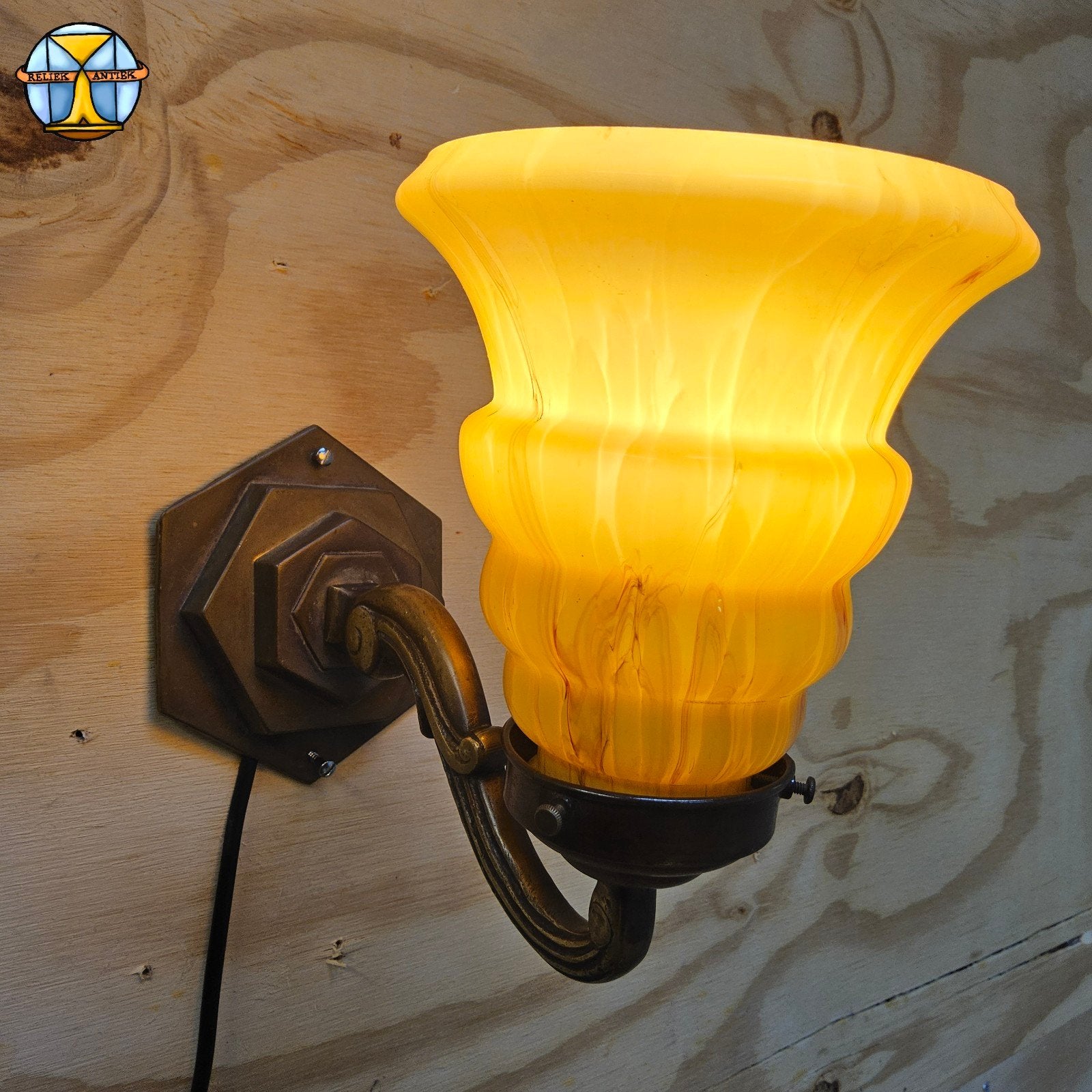 Antieke Art Deco wandlamp / nachtlampje (gemarmerd glas), Ophalen of Verzenden