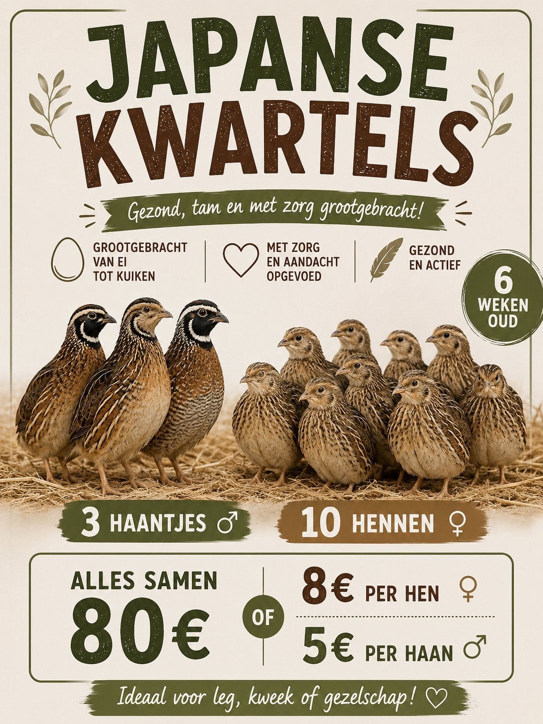 japanse kwartels 6 weken oud , 10 hennen en 3 hanen, Ophalen, Vogel