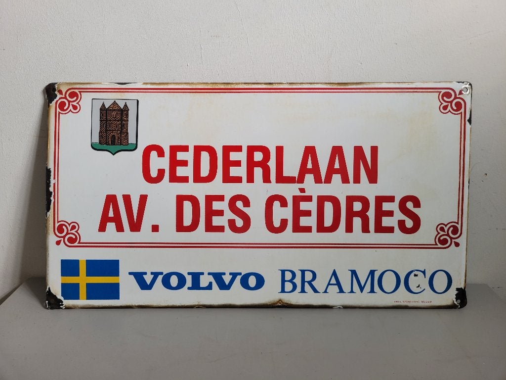 Emaille bord Volvo Bramoco Avenue des Cèdres, Verzamelen, Ophalen of Verzenden, Gebruikt, Reclamebord