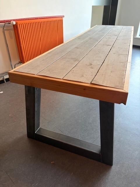 Industriële steigerhouten tafels-stalen onderstel, Tuin en Terras, Ophalen, Gebruikt, Rechthoekig, Hout