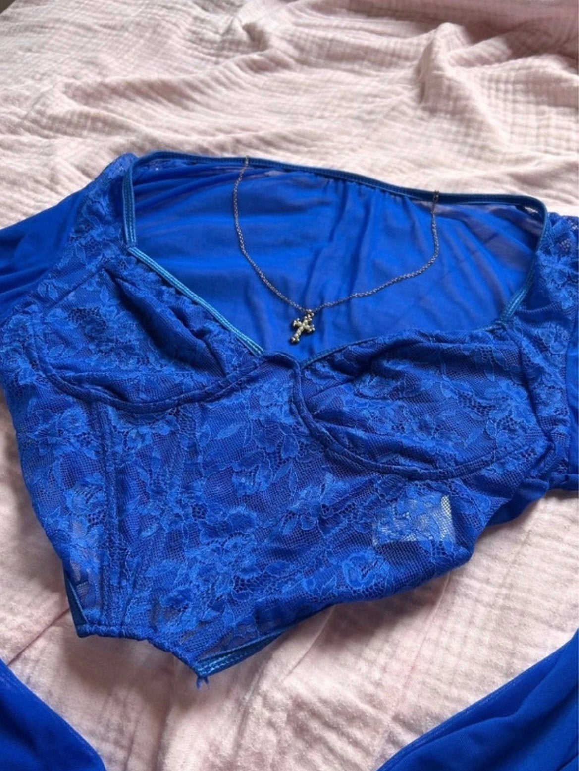 Top corset bleu en dentelle, Taille 42/44 (L), Enlèvement ou Envoi, Comme neuf, Manches longues
