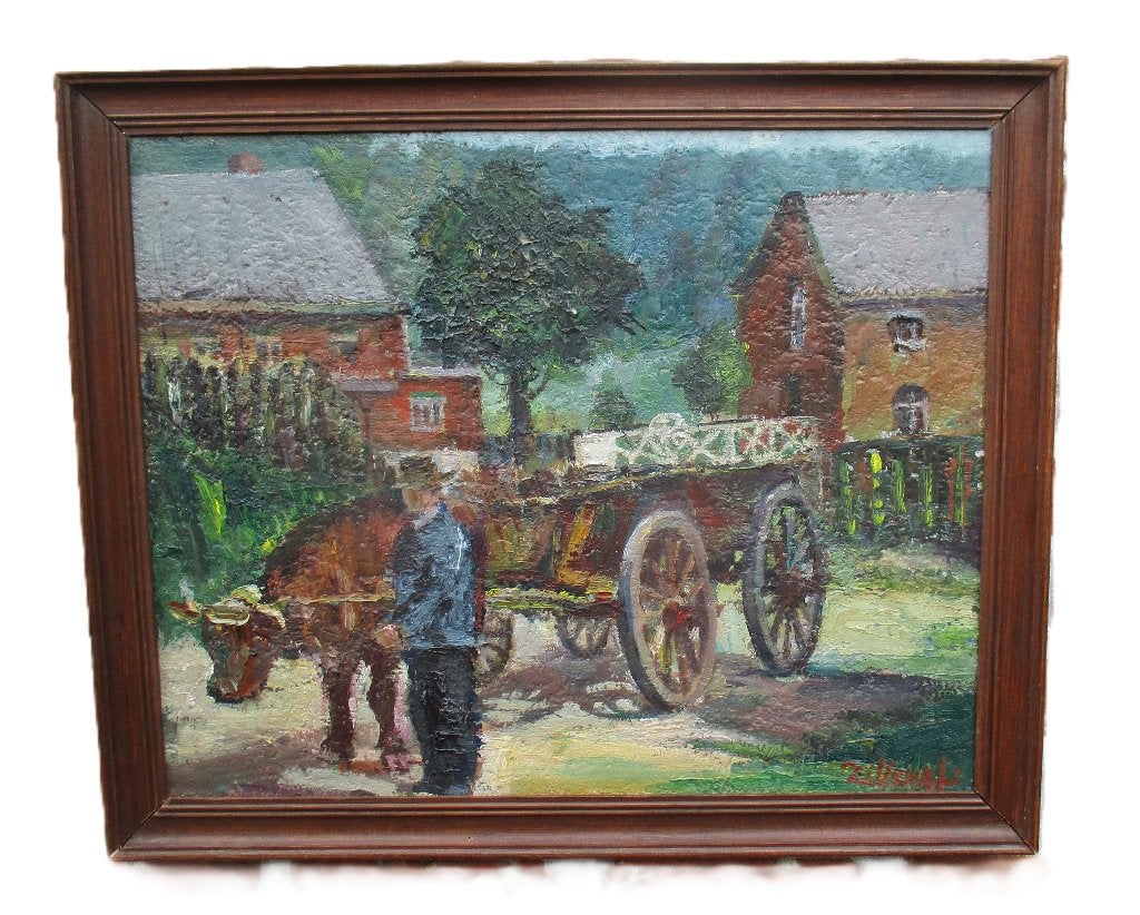 Joseph Tilleux (1896 - 1978) La charrette à bœufs, Enlèvement ou Envoi, Animaux, Signé, Peinture à l'huile