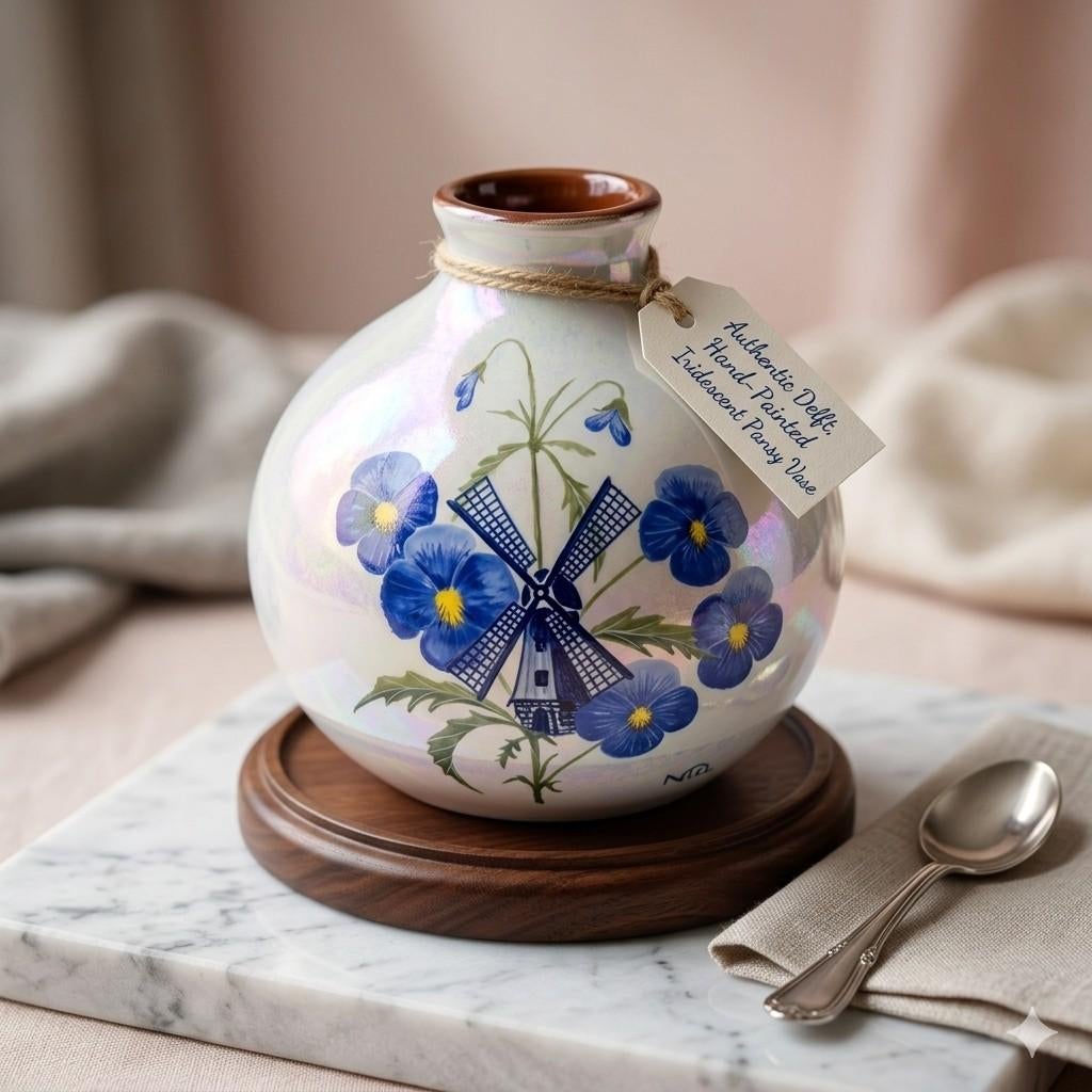 Vase Rond Irisé Fleurs Pensées Bleues - Peint Main, Antiquités & Art, Envoi