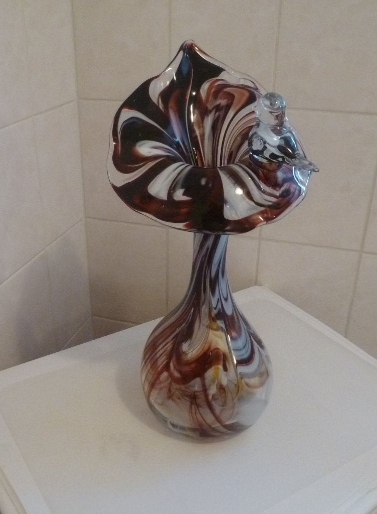 Vase en verre soufflé bouche "RGH" tricolore avec oiseau, Enlèvement ou Envoi, Comme neuf