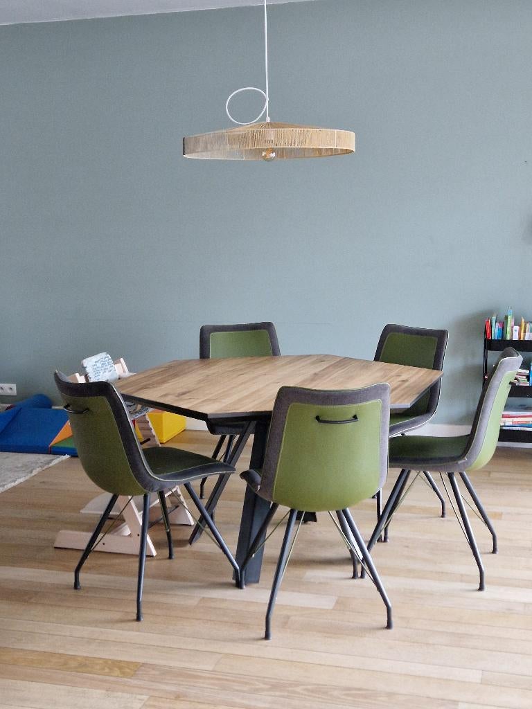 Zeshoekige eettafel 150 cm – warm fineer, 6 personen, Ophalen, Gebruikt, Vijf personen of meer, 100 tot 150 cm