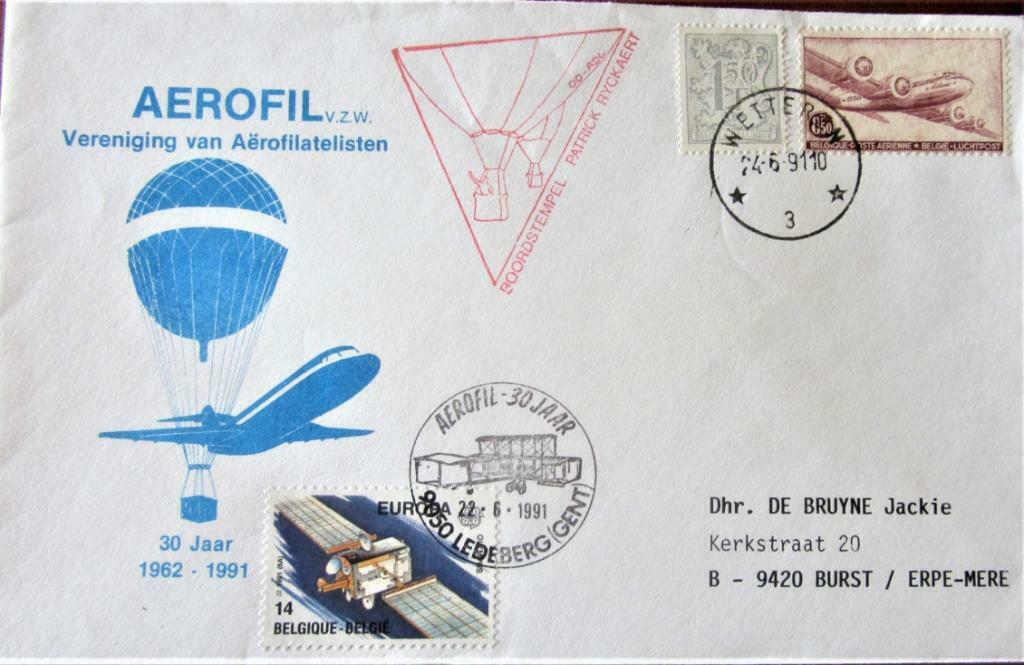FDC- BELGIË- BALLONPOST- LEDEBERG- WETTEREN, Ophalen of Verzenden, Gestempeld, Overige thema's