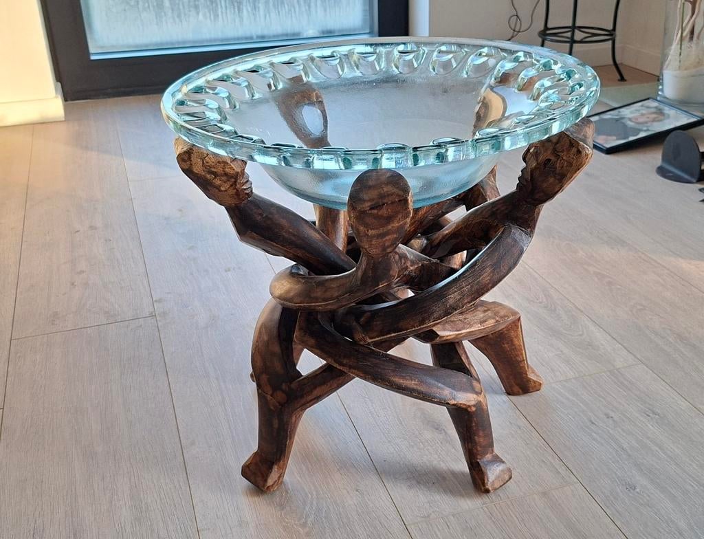 Schaal in glas en houder in hout, afrikaanse stijl., Ophalen, Glas