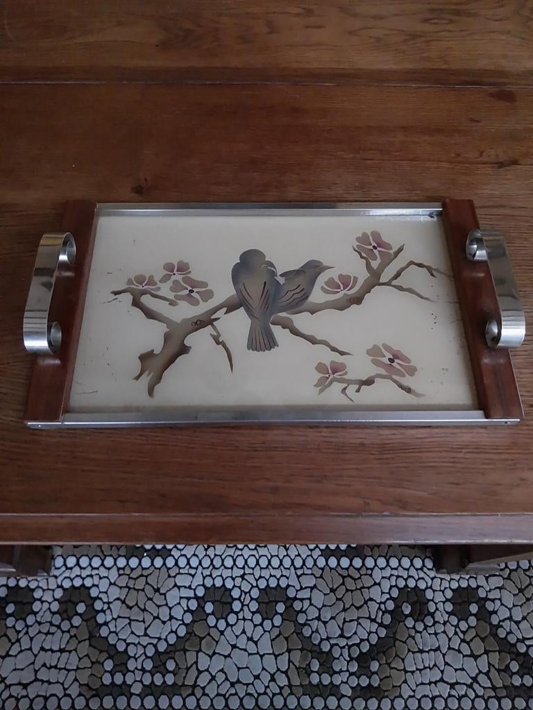 Plateau vintage / Poignet chromé / Décor oiseaux, Ophalen