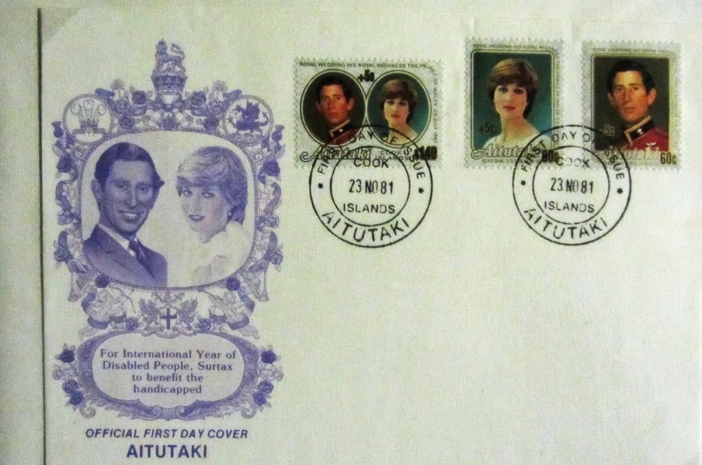GROTE FDC- PRINS CHARLES MET LADY DIANA - AITUTAKI ISLANDS, Ophalen of Verzenden, Gestempeld, Koningshuis