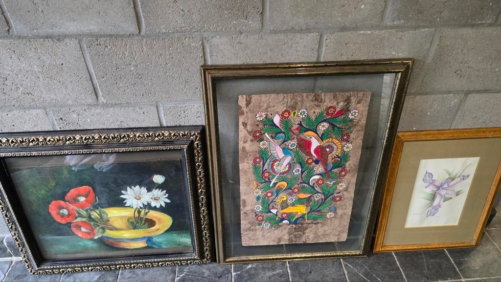 Schilderij tekening ets in kader bloemen en vogels, Antiek en Kunst, Ophalen of Verzenden