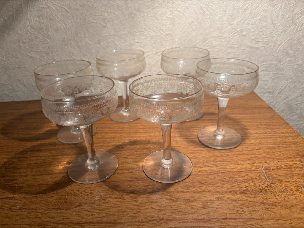 6 gegravuurde champagne Kristal glazen, Antiek en Kunst, Ophalen