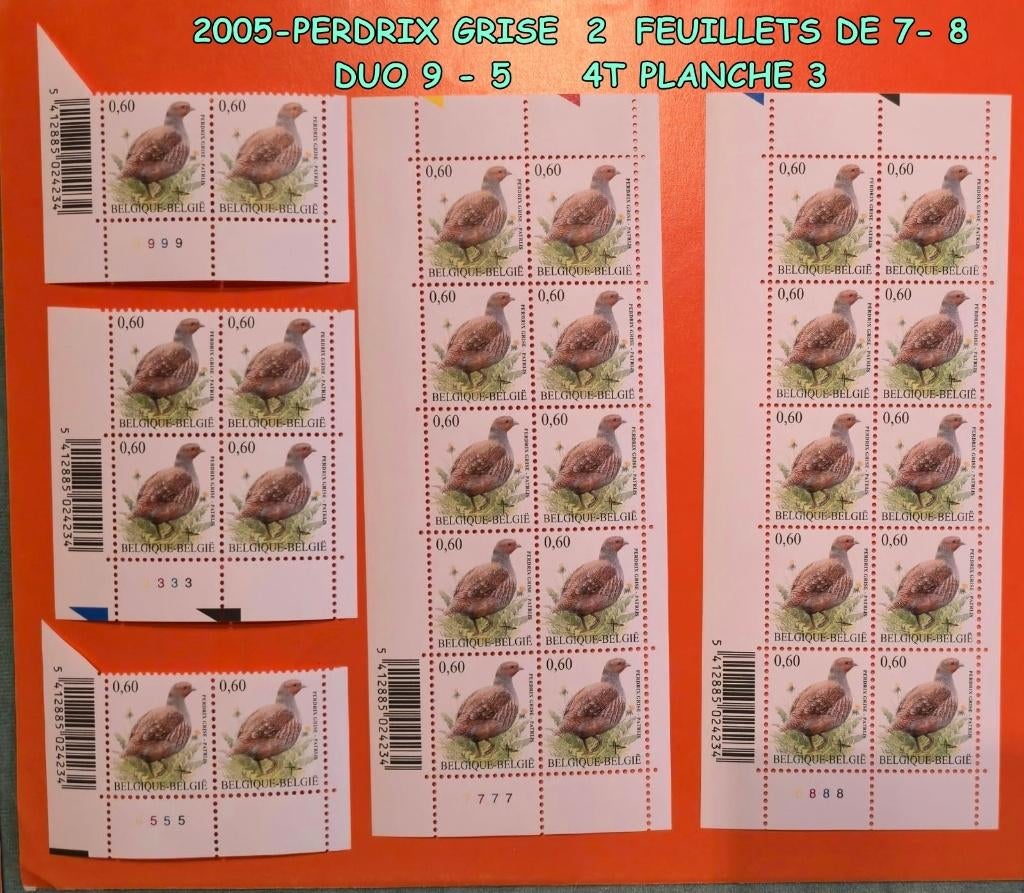 2005-     28 TIM * PERDRIX GRISE 2 FEUILLETS DE 7- 8, Envoi