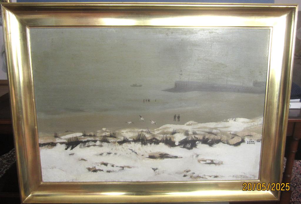 « Plage sous la neige à Nieuport » - Léon De Vos (1897 - 197, Antiquités & Art, Art | Peinture | Classique, Enlèvement
