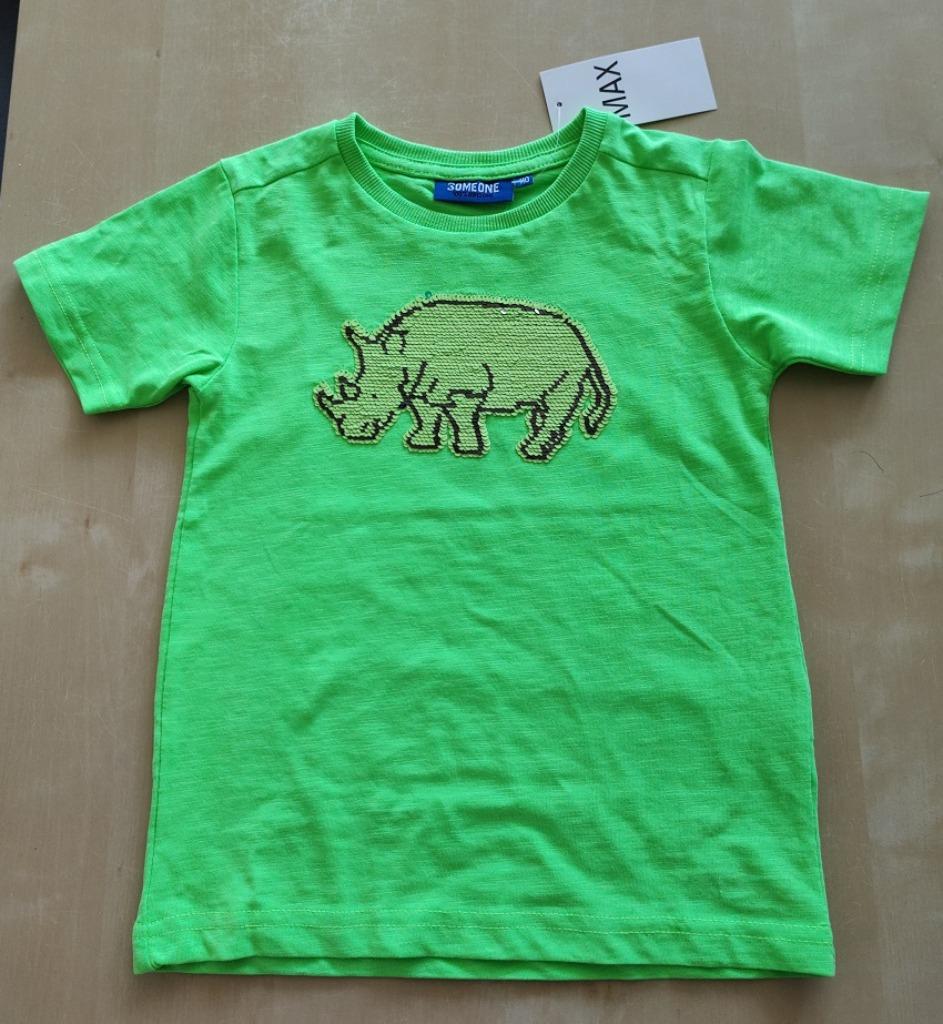Mooie fluogroene t-shirt Someone met neushoorn, maat 110, Kinderen en Baby's, Kinderkleding | Maat 110, Nieuw, Ophalen of Verzenden