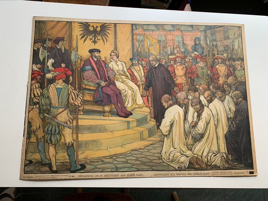 Schoolplaat :Onderwerping van de Gentenaars aan Keizer Karel, Ophalen of Verzenden, Geschiedenis