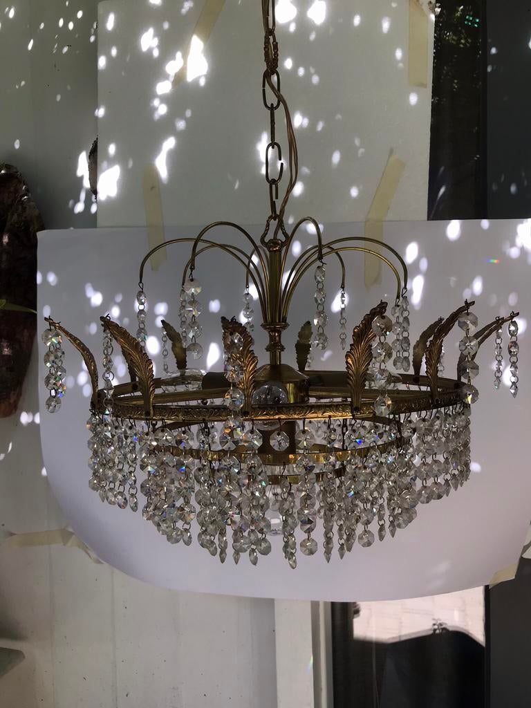 Vintage kristallen kroonluchter met koper en geslepen glas, Antiek en Kunst, Antiek | Verlichting, Ophalen