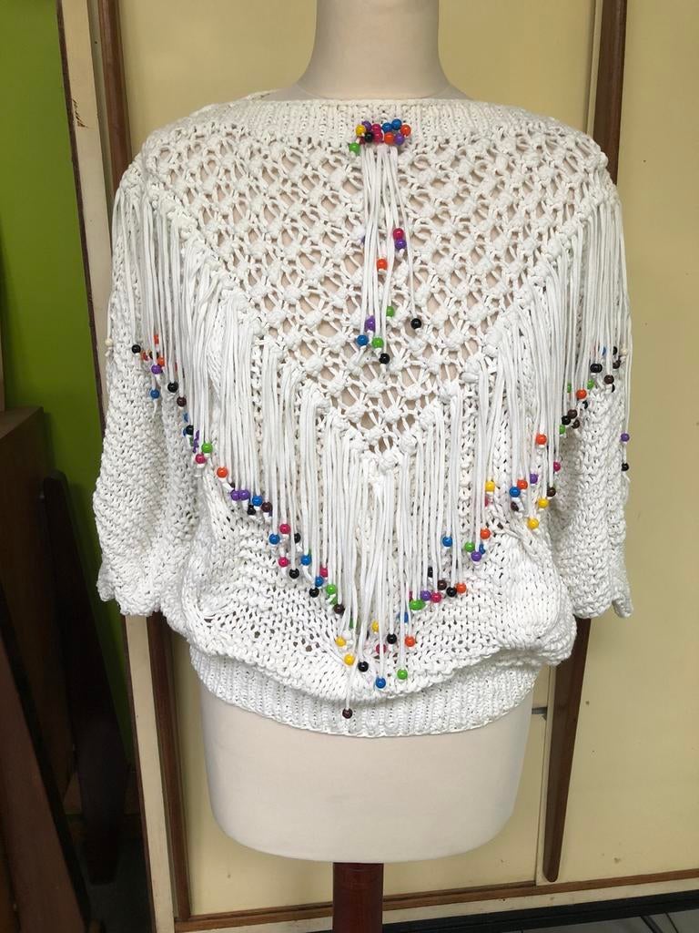 Vintage handgemaakte 100% katoenen trui, Maat 38/40 (M), Wit, Ophalen of Verzenden, Vintage handgemaakt