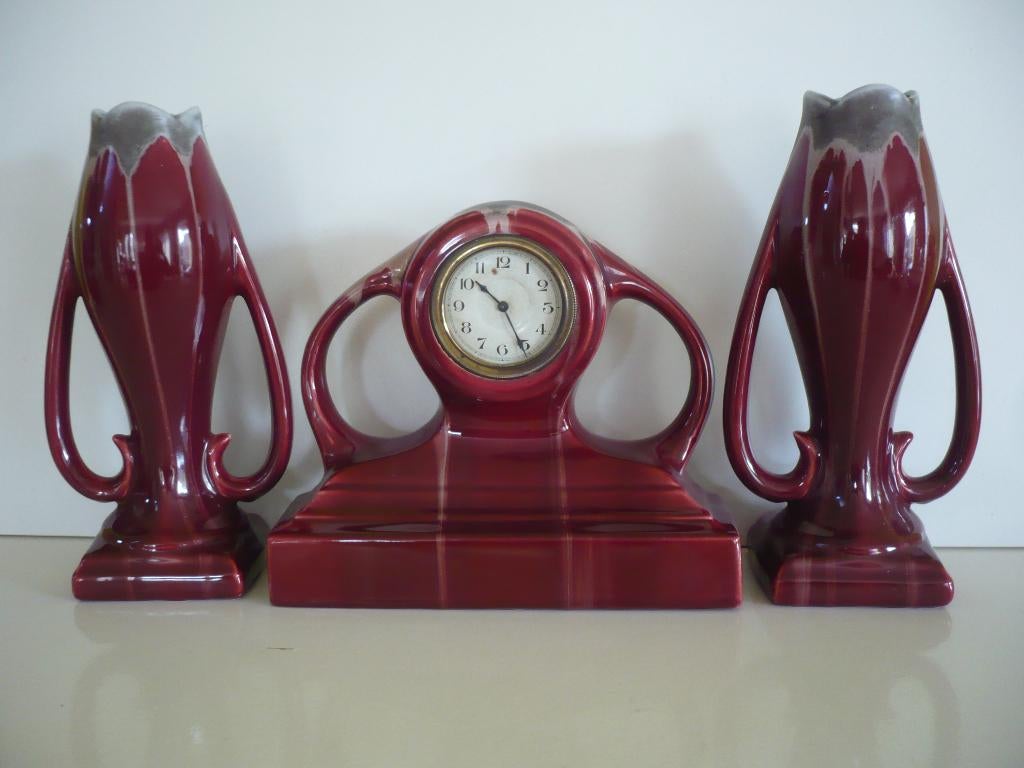 Art deco schouwstel klok + 2 vazen faience de Thulin, Ophalen of Verzenden