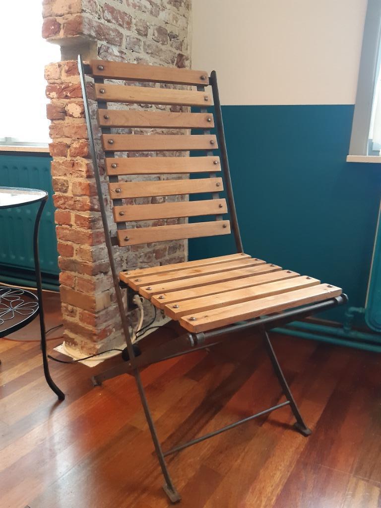 Chaises en teck et acier noir avec rivets frappé, pliante., Maison & Meubles, Enlèvement, Bois, Noir, Cinq, Six Chaises ou plus