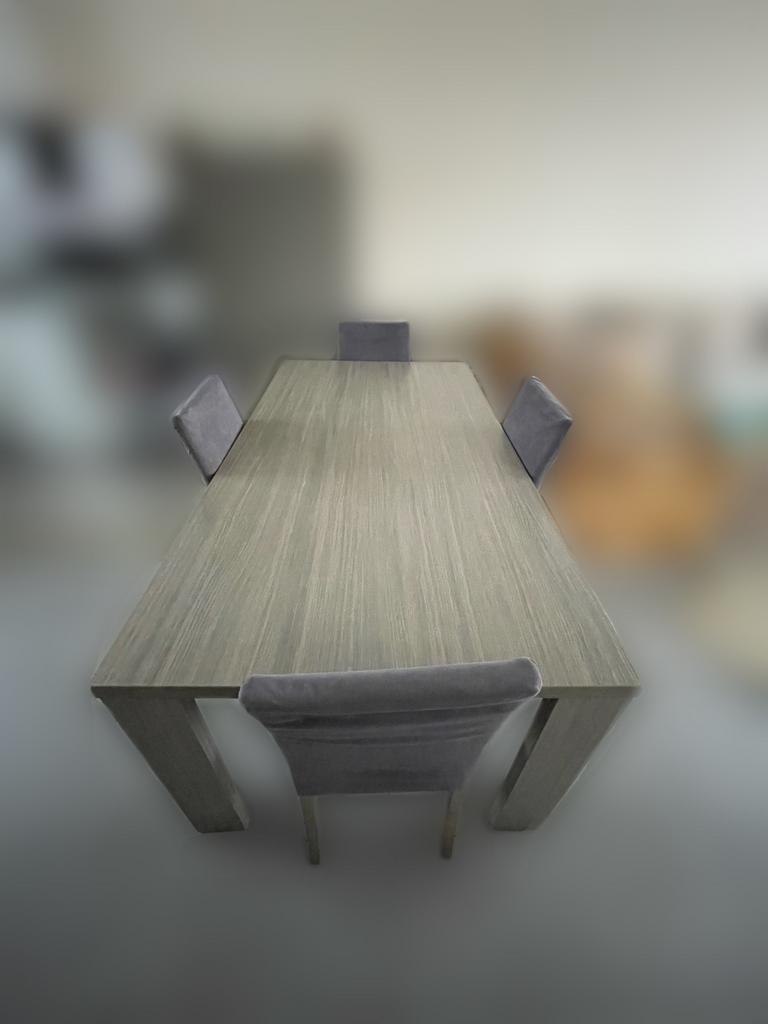 Moderne eettafel in houtlook + 6 stoelen – 175-94 cm, Ophalen, Gebruikt, Grijs, Moderne stijl