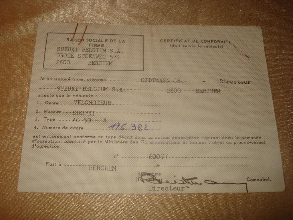 Ancien Certificat de Conformité n°3 pour Moto Suzuki AC-50, Enlèvement ou Envoi, Suzuki