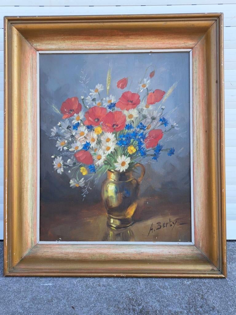 huile sur toile fleur signe anne berty, Antiek en Kunst, Kunst | Schilderijen | Klassiek, Ophalen of Verzenden