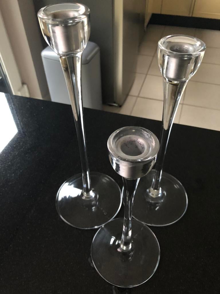 Set van 3 glazen kaarsenhouders, Huis en Inrichting, Ophalen, Zo goed als nieuw, Overige materialen, Kandelaar