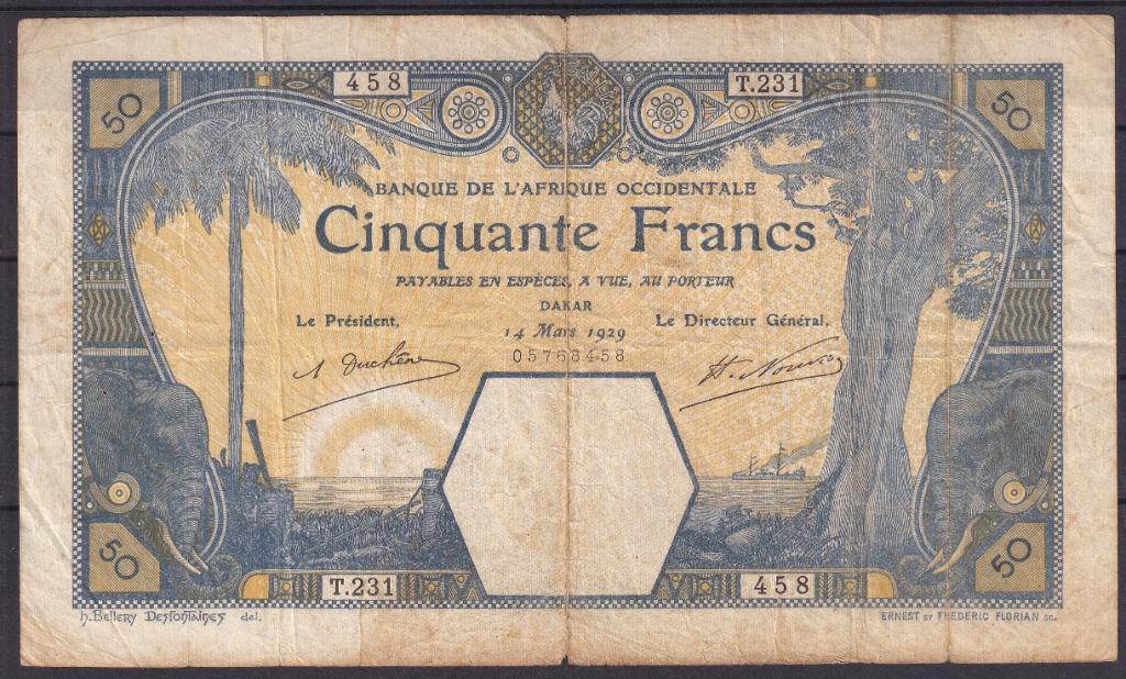 AOF – WAS 50 fr 1929 FINE, Ophalen of Verzenden, Overige landen, Los biljet
