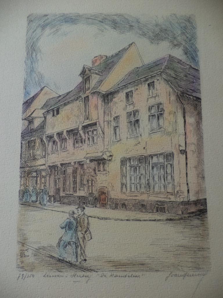 1978 Frans Vanderveken handgekleurde ets Leuven Herberg café, Antiek en Kunst, Ophalen of Verzenden