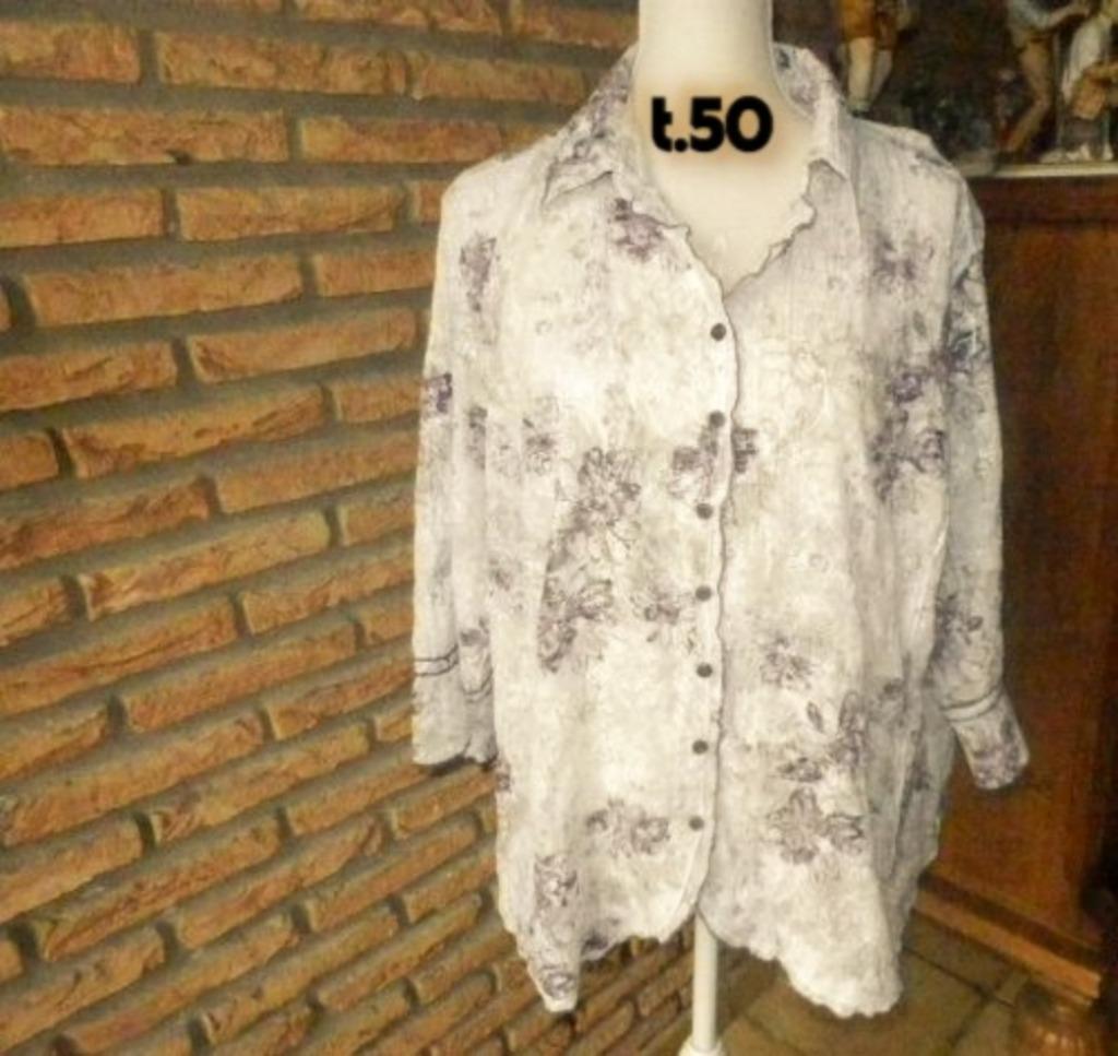 (16) -chemisier femme t.50 blanc mauve - canda -, Kleding | Dames, Blouses en Tunieken, Zo goed als nieuw, Maat 46/48 (XL) of groter