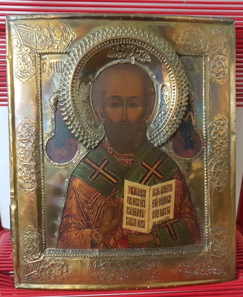 Russisch icoon van Sinterklaas met koperen oklad, 19e eeuw, Antiek en Kunst, Ophalen of Verzenden