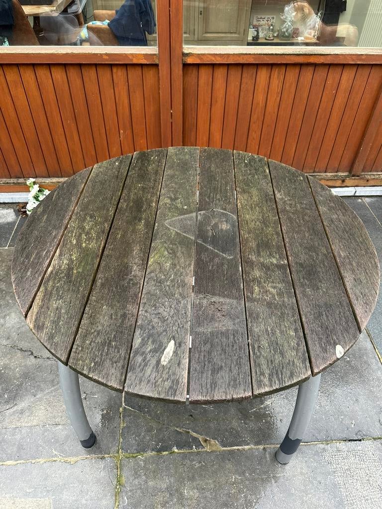 Teak tafel rond diameter 100cm met 4 stoelen opknapwerk aan, Tuin en Terras, Ophalen, Gebruikt, Rond