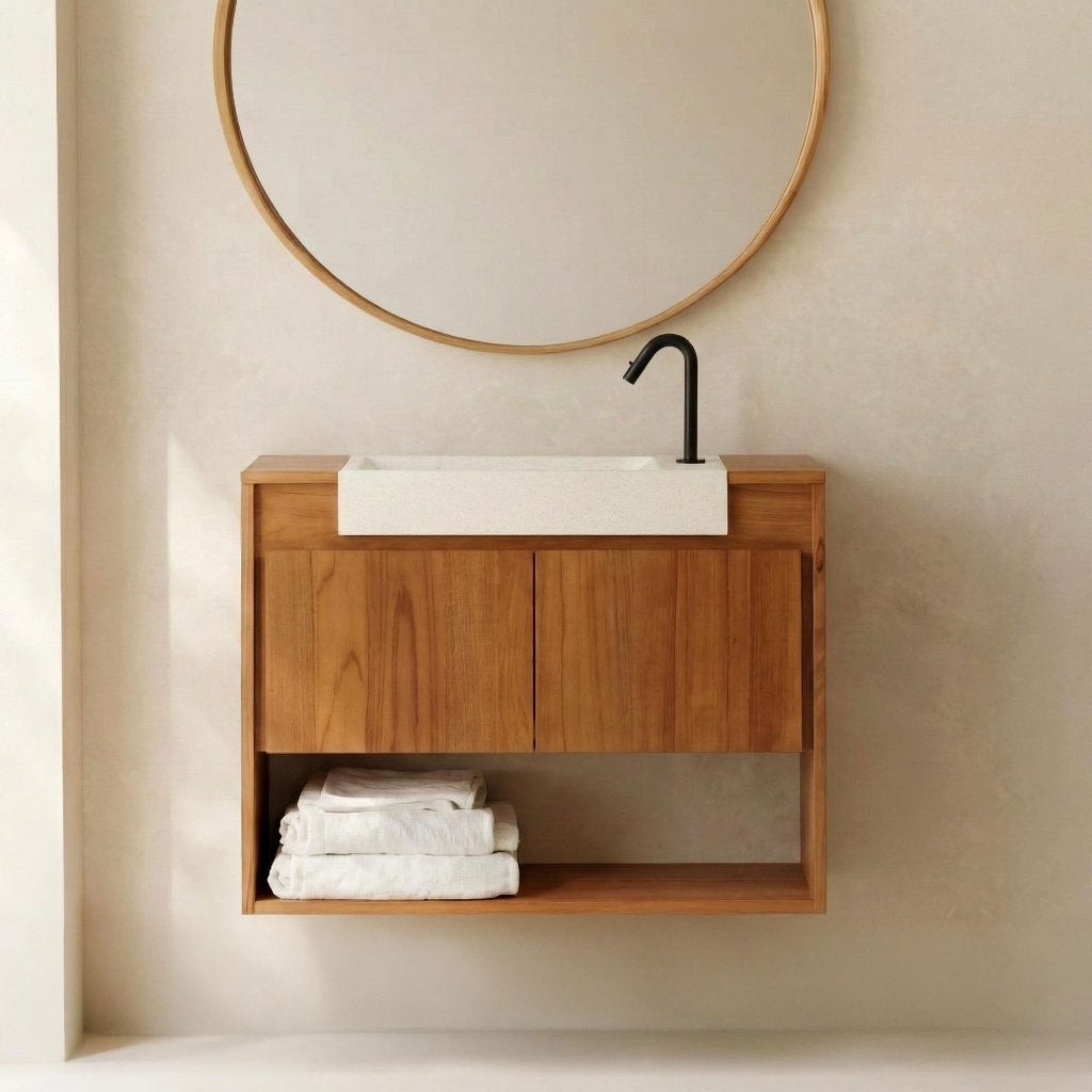 Meuble wc bois de teck massif et vasque en terrazzo blanc, Neuf, 25 à 50 cm, Moins de 100 cm, Meuble lavabo