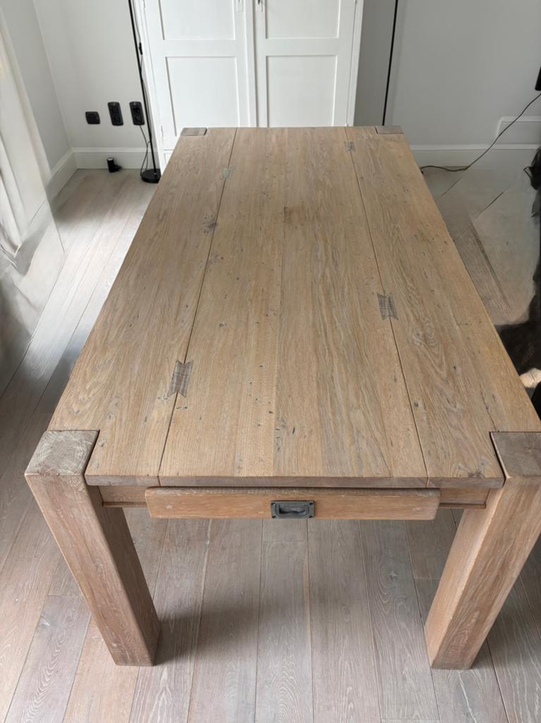 Eiken tafel met 2 schuifjes en blokpoten , 180x90 cm, Ophalen, Eikenhout, 50 tot 100 cm, 150 tot 200 cm